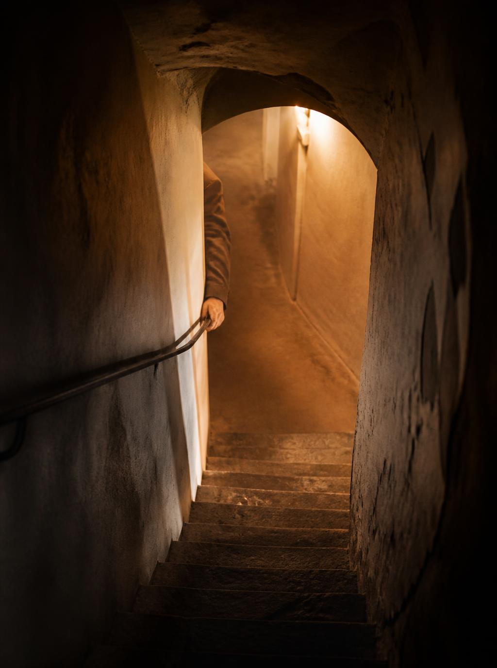 A hand on an iron railing in a narrow stone staircase leading down to a warm-lit corridor
