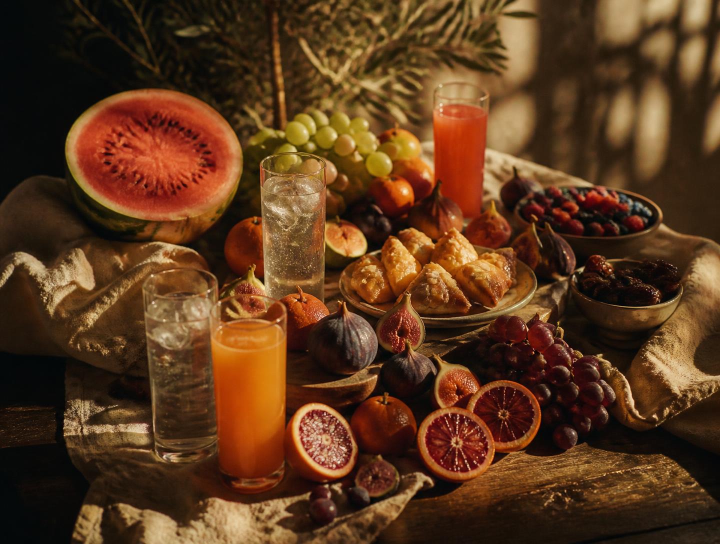 Abundant still life of fresh fruit, pastries and fresh juices in warm cinematic light