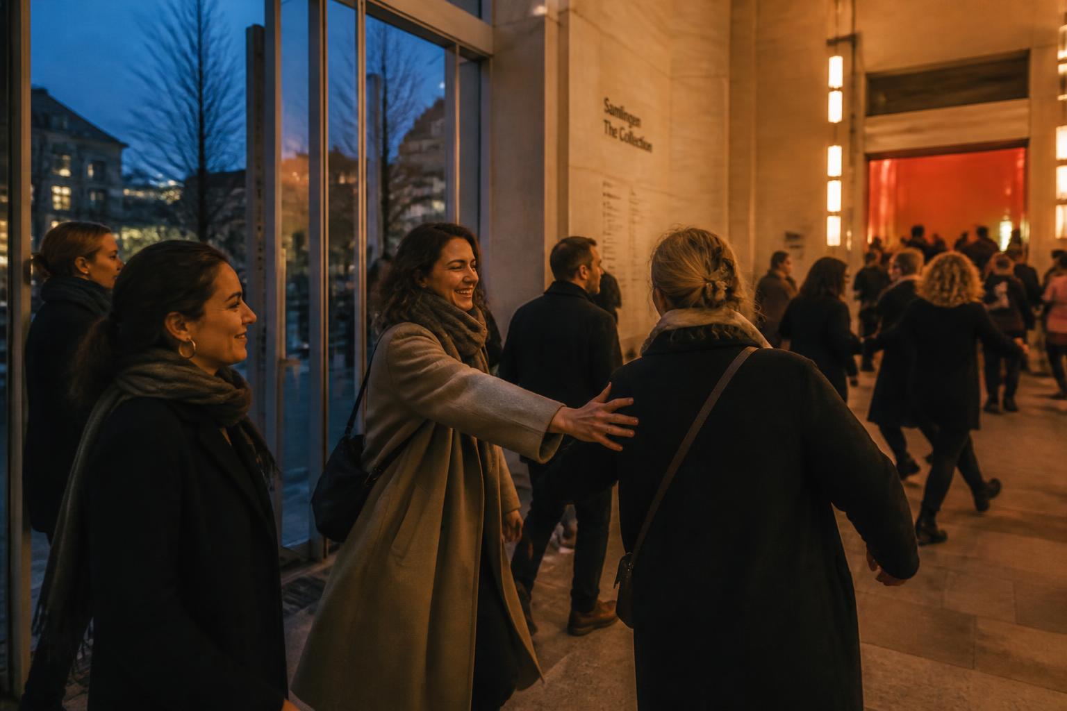 Friends arriving together at a Stockholm museum gathering