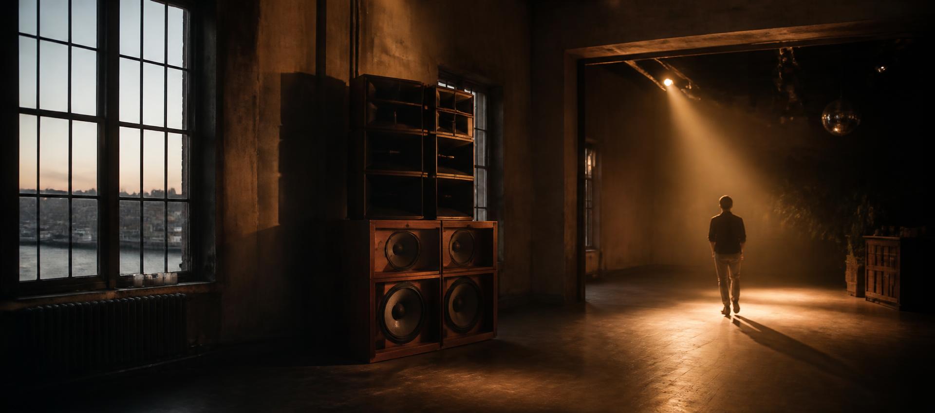 Dim industrial Stockholm room with a vintage speaker stack and a single distant figure walking into the light